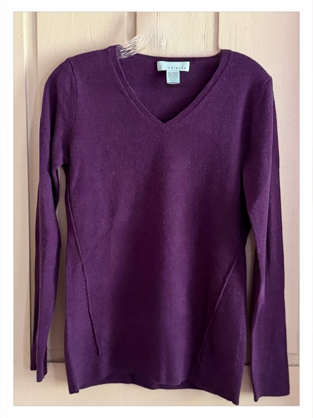 Celeste 100% Cashmere Purple V-Neck Long Sleeve Knit Pullover Sweater Women S